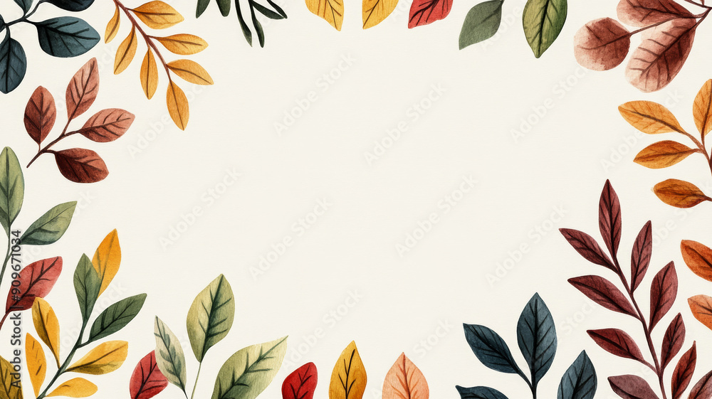 Poster overhead view of a watercolor design with colorful autumn leaves and branches on a soft beige backgr