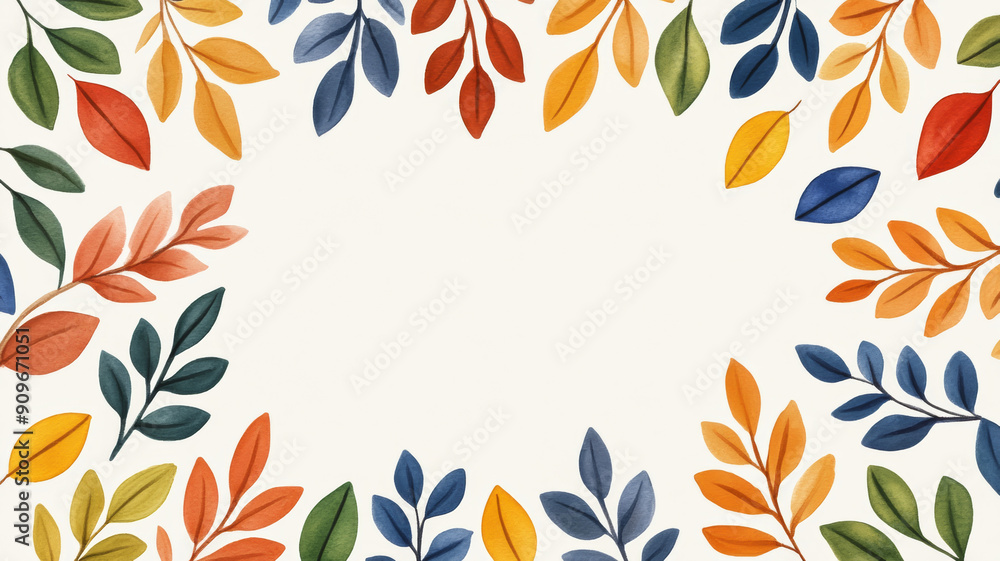 Poster overhead view of a watercolor design with colorful autumn leaves and branches on a soft beige backgr