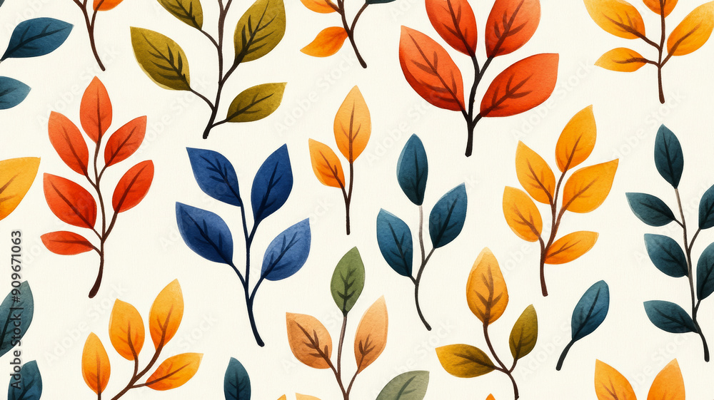 Poster overhead view of a watercolor design with colorful autumn leaves and branches on a soft beige backgr