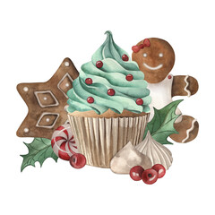 Cupcake, gingerbread, candy, holly berry, meringue, Christmas sweets, new year 2025. The illustration is drawn in watercolor in isolation. For packaging design, interior, holiday invitation, printing.