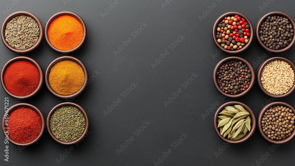 Aufkleber overhead view of assorted spices in small bowls on a textured, dark background creating a rich, arom
