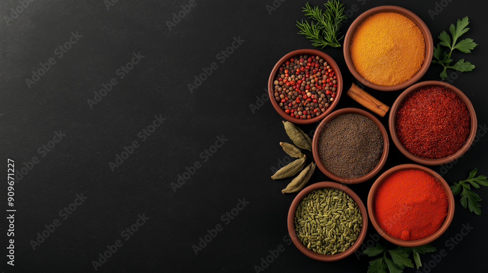 Poster overhead view of assorted spices in small bowls on a textured, dark background creating a rich, arom