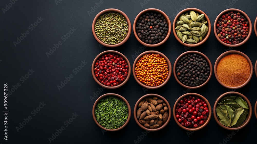 Poster overhead view of assorted spices in small bowls on a textured, dark background creating a rich, arom