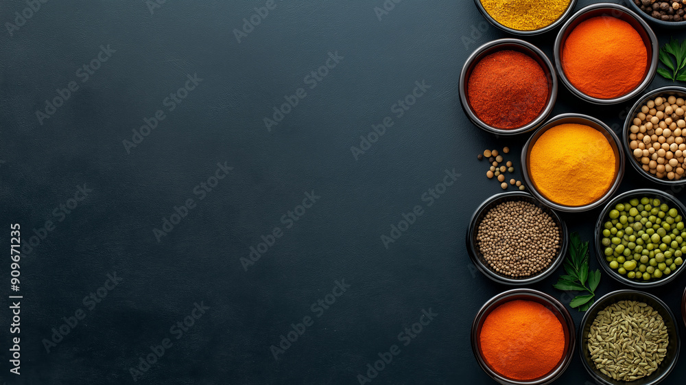 Poster overhead view of assorted spices in small bowls on a textured, dark background creating a rich, arom