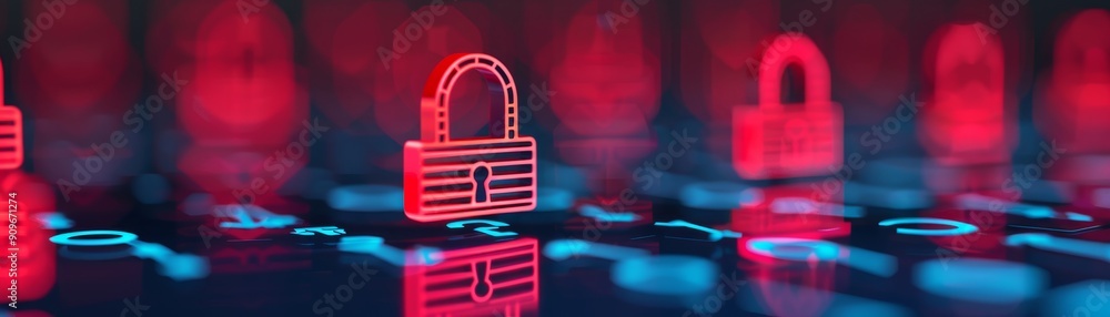 Poster cyber security concept - red padlock icon on abstract digital background with blue and red lights - 