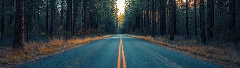 Fototapeta premium A serene road surrounded by dense trees, leading into the glowing horizon, perfect for nature and travel themes.