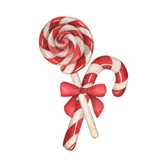 Lollipop, candy, bow, sweet dessert, christmas new year. The illustration is hand-drawn in watercolor on a white background. Suitable for design, postcard, holiday, sticker, textile, fabric, clothing.