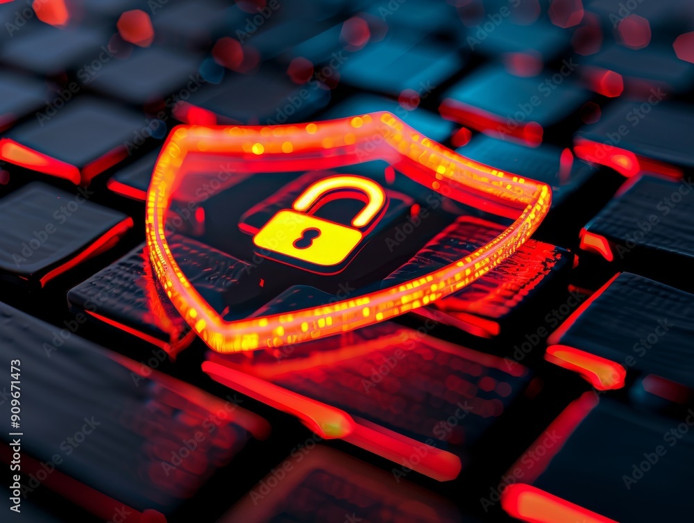 Poster cyber security protection - red glowing shield with locked padlock on black computer keyboard - digi