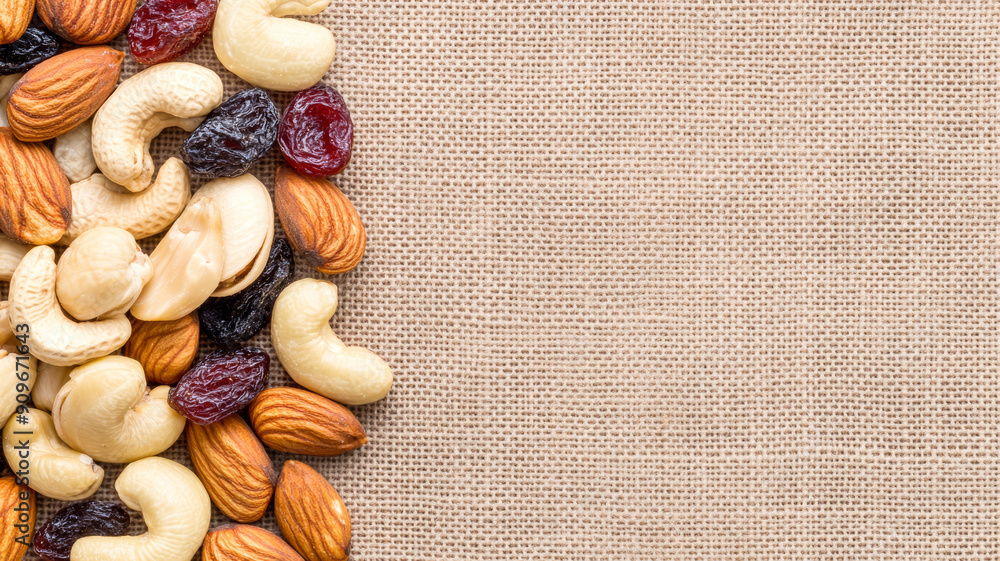 Poster overhead view of mixed nuts and dried fruits on a rustic burlap background creating a wholesome, nat