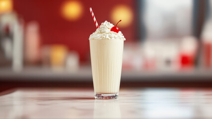 Wide angle of a creamy vanilla milkshake topped with whipped cream and a cherry in a classic diner setting 