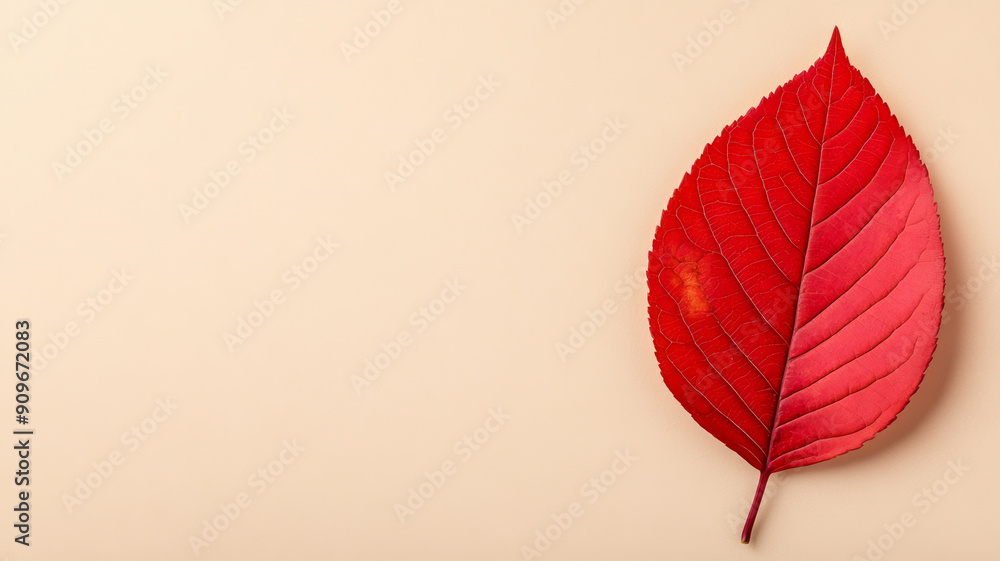 Poster wide angle of a single red leaf on a smooth beige background with a soft shadow effect