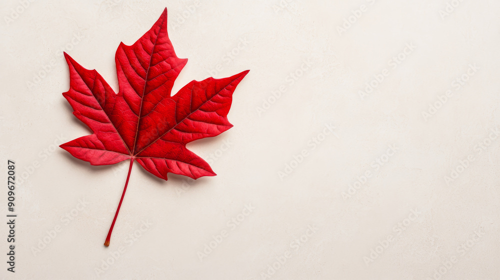 Poster wide angle of a single red leaf on a smooth beige background with a soft shadow effect