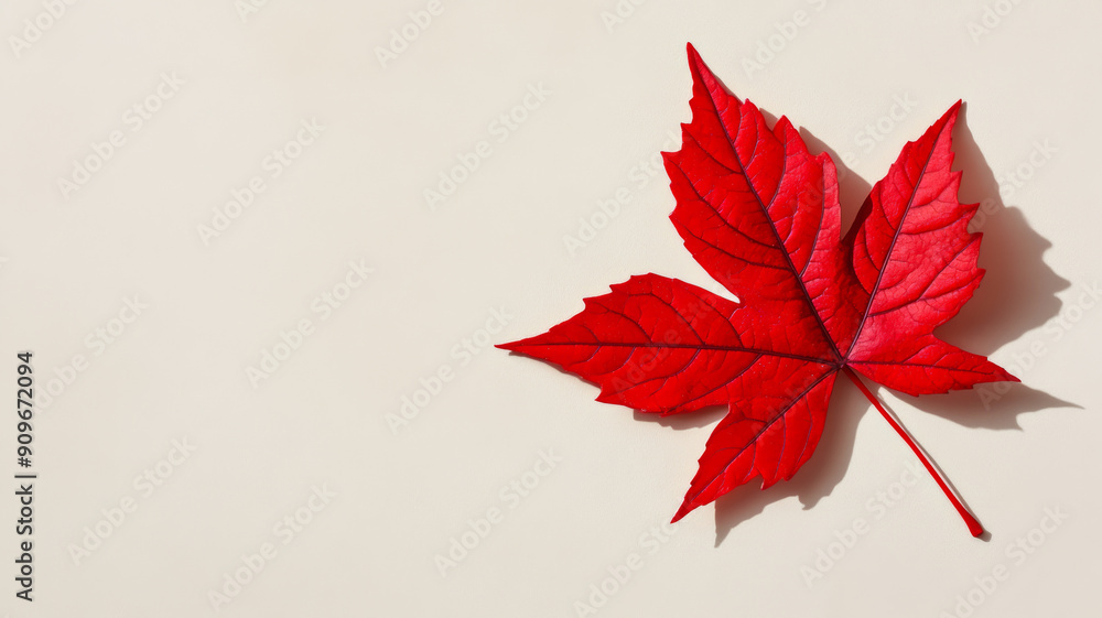 Poster wide angle of a single red leaf on a smooth beige background with a soft shadow effect