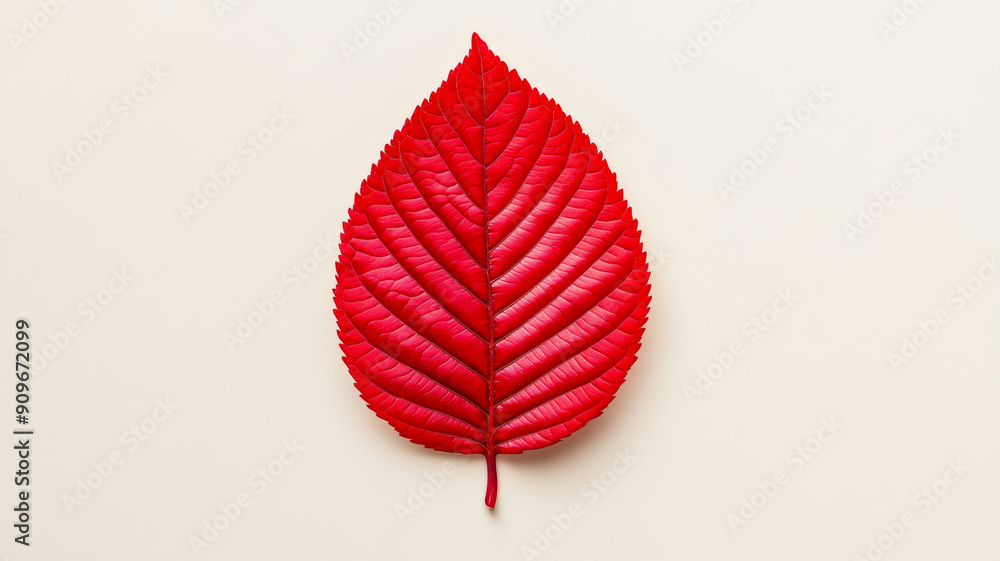 Poster wide angle of a single red leaf on a smooth beige background with a soft shadow effect