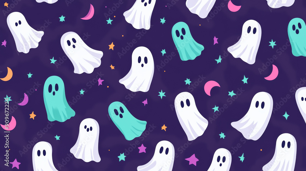Poster wide angle of a spooky purple to green gradient background for halloween with faint ghost and moon p