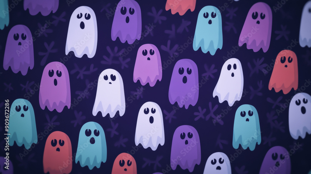 Poster wide angle of a spooky purple to green gradient background for halloween with faint ghost and moon p