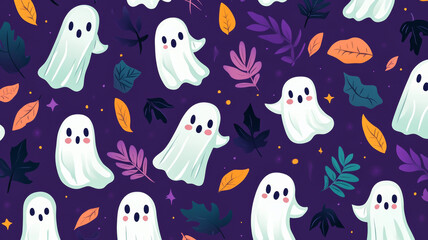 Wide angle of a spooky purple to green gradient background for Halloween with faint ghost and moon patterns 