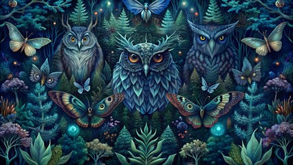 Dark Mysterious Forest Pattern with Owls and Hawt Moths. Perfect for: Halloween, Fantasy Illustrations, Dark Themed Designs