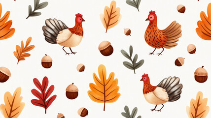 Obraz premium Wide angle of a watercolor pattern featuring turkeys, fall leaves, and acorns in rich, earthy colors on a light background 