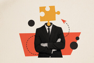Composite collage image of funny businessman puzzle instead head solve problem working process...