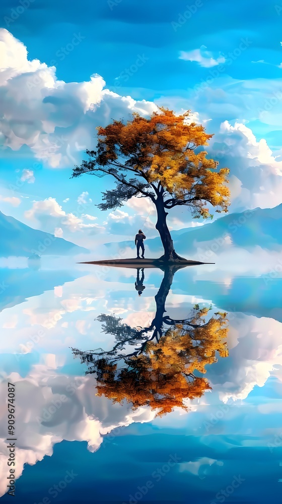 Poster man standing on an island with a reflection of the tree