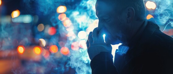 A man smokes a cigarette at night with urban lights and bokeh effect in the background, creating a moody atmosphere.