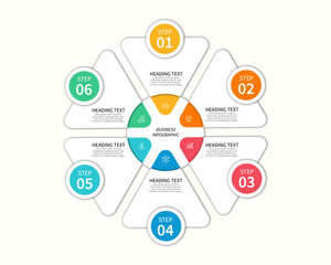 Business infographic template design with rounded triangle and icons process step with 6 options. Can be used for slides, diagram, presentation or web design. Vector illustration