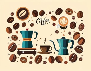 Obraz premium Vibrant flat vector greeting card with coffee beans, cups, mocha pots, and drip coffee makers, with space for a message.