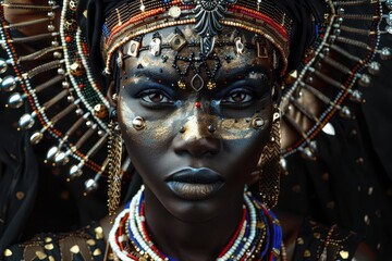 regal african queen stunning portrait of a woman with intricate tribal headpiece adorned with vibrant jewels and metallic face paint dramatic lighting accentuates her powerful gaze