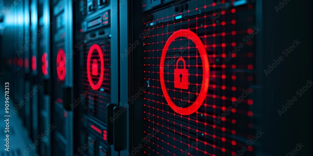 Poster secure server data center with red locked icon and grid pattern - cyber security, digital privacy, n
