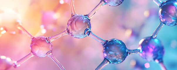 A detailed close-up of a pink molecular structure, representing collagen, retinol, or ceramide used in cosmetic products