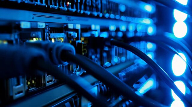 Network cables plugged into server with blinking lights, data center connectivity closeup