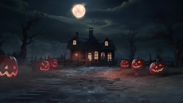 Spooky Halloween haunted house with bats, and pumpkins under scary full moon