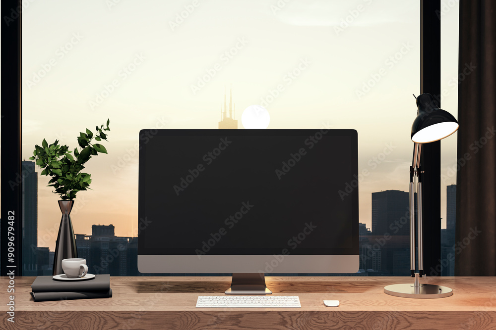 Aufkleber Modern designer office interior with empty mock up computer screen. Panoramic window with city view background. 3D Rendering.