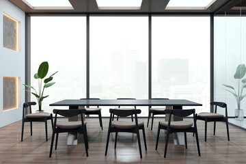 Light conference room interior with panoramic windows and city view. 3D Rendering.