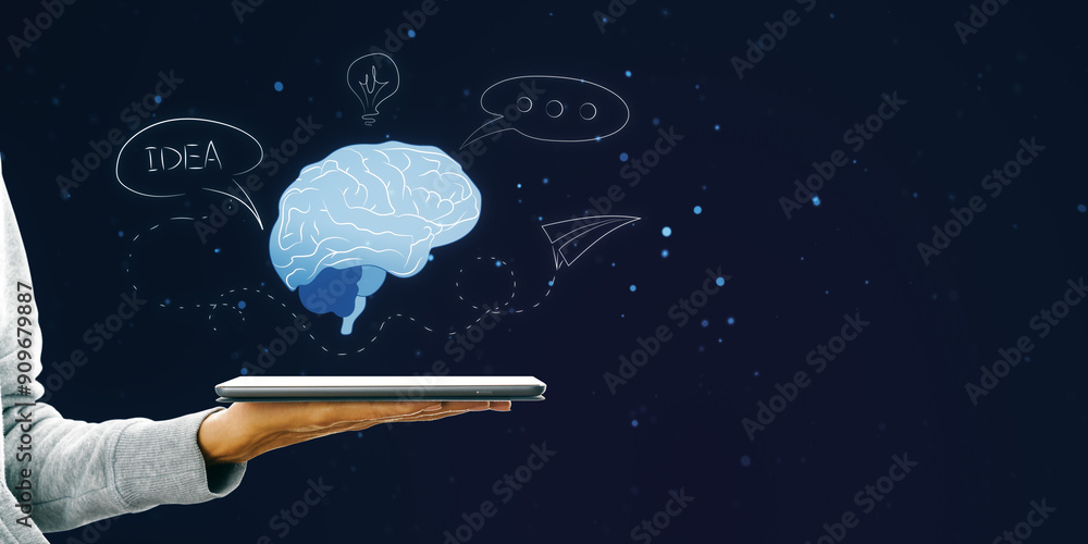 Poster Close up of female hands holding cellphone with creative AI brain on dark background with mock up place. Artificial intelligence and machine learning concept.