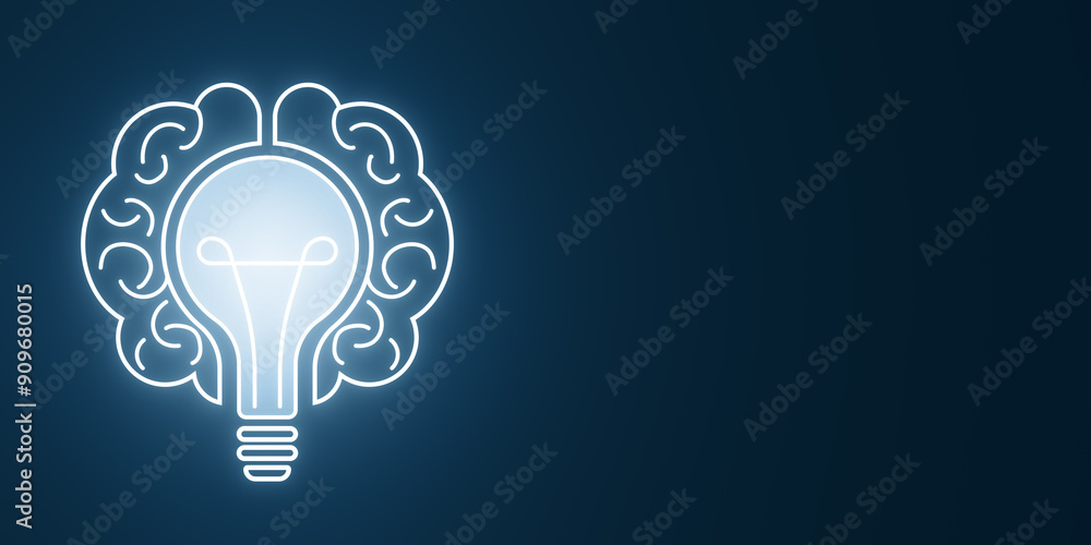 Aufkleber Creative digital lamp and brain hologram on dark backdrop with mock up place. Innovation, idea and insight concept. 3D Rendering.