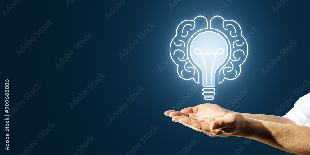 Poster close up of businessman hands holding creative digital lamp hologram on dark background with mock up