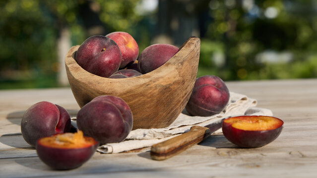 Fresh purple plumcots in wooden bowl on rustic table outdoors