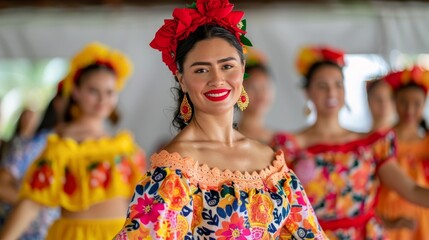Fototapeta premium beautiful woman in traditional mexican dress with floral headband and earrings smiling at the camera during a performance or celebration.