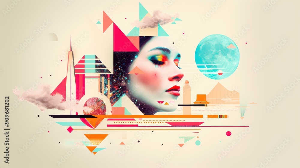 Poster a mesmerizing abstract art piece featuring geometric shapes arranged in a harmonious composition bas