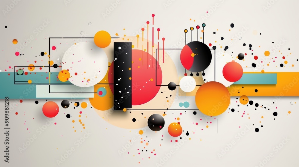 Poster a harmonious blend of abstract shapes and colorful paint splatters arranged in a golden ratio compos