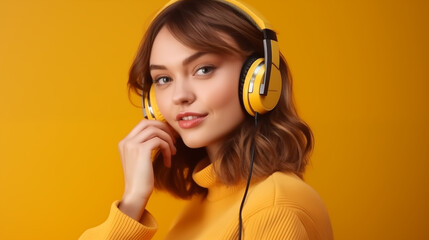 Stylish woman in yellow sweatshirt  listening to music with headphones 