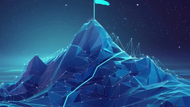A stunning futuristic mountain peak proudly displays a flag symbolizing success in a vibrant digital landscape