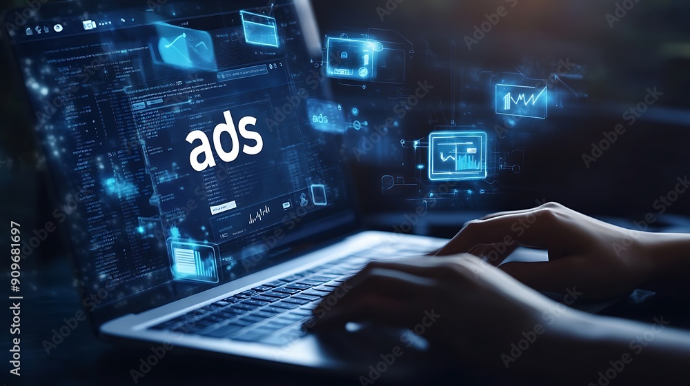 Poster person using a laptop with digital ads and code on the screen