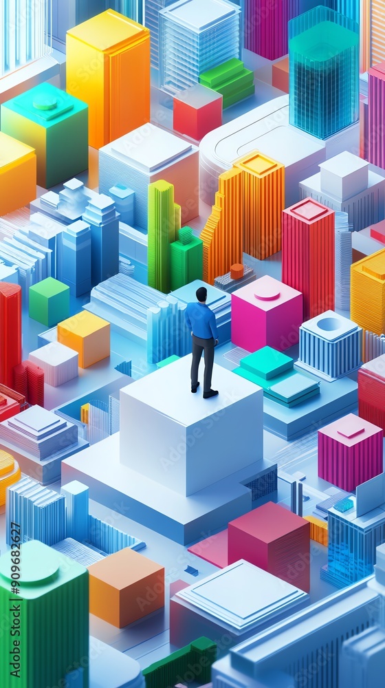 Aufkleber Man Standing on a Platform in a Colorful Abstract City.