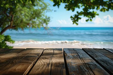 A wooden table with a view of the ocean