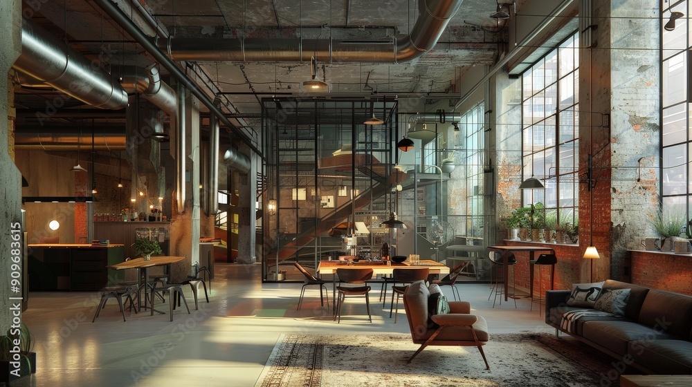 Poster incorporating exposed pipes into your design can create a sense of continuity throughout a space.