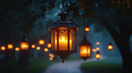 Hanging lanterns in the park at dusk, creating an atmosphere reminiscent of twilight with soft lighting and a misty background.