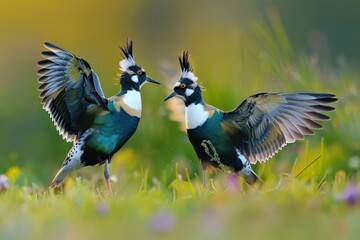 Obraz premium A pair of northern lapwings displaying their striking plumage while foraging in a meadow. 